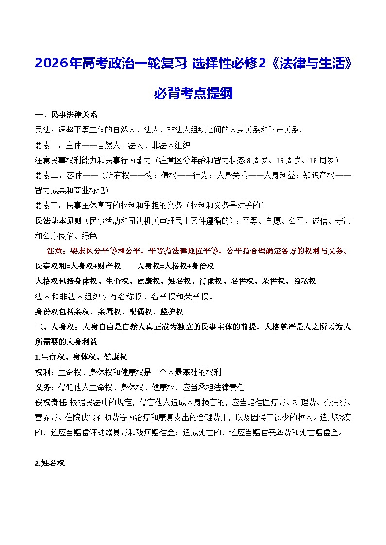 2026年高考政治一轮复习：选择性必修2《法律与生活》必背考点提纲 讲义第1页
