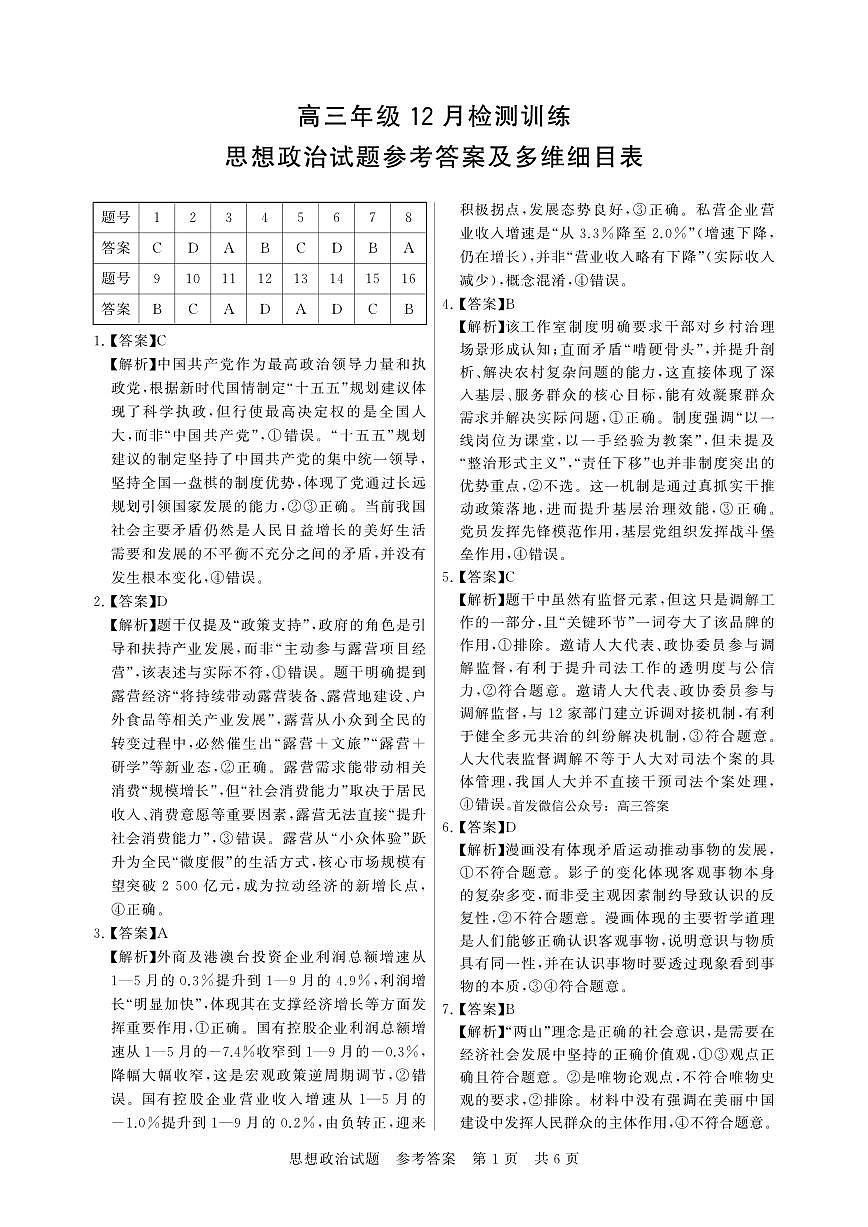 【T8联考】政治参考答案第1页