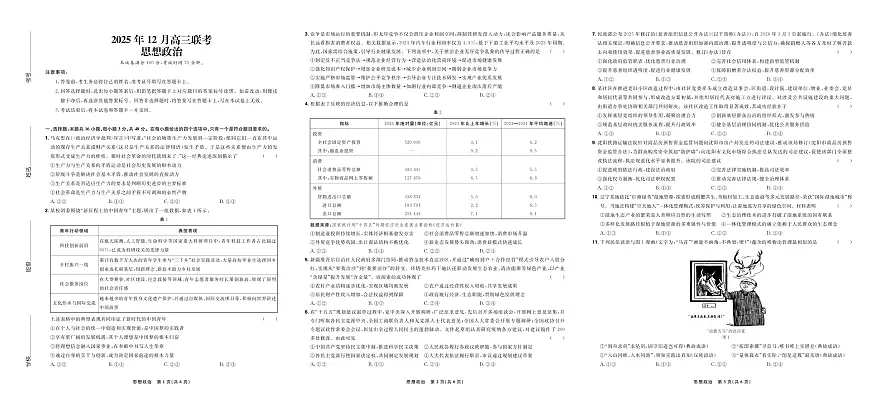 东北三省精准教学2025年12月高三联考政治第1页