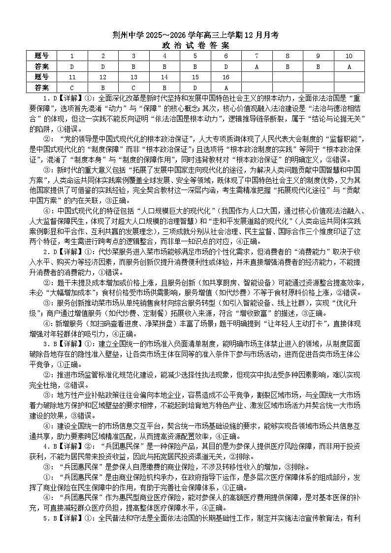 十二月月考政治试卷答案第1页