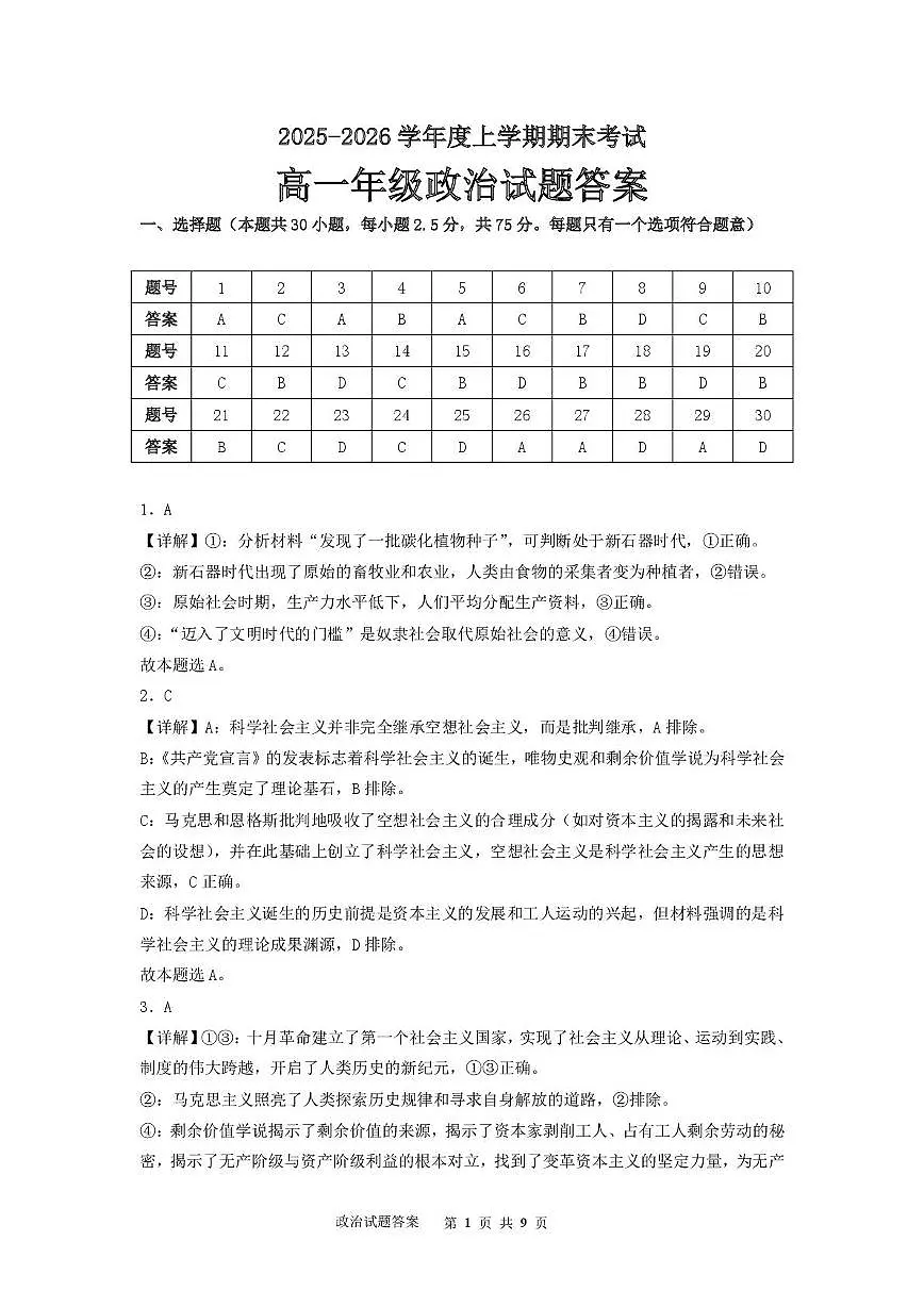 高一政治期末考试题 高一政治试题参考答案第1页