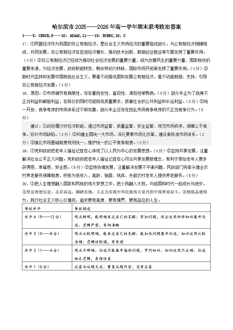 政治试题卷答案第1页