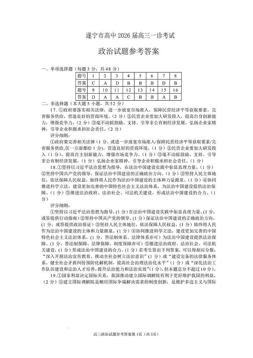 遂宁市高中2026届高三一诊考试政治答案第1页