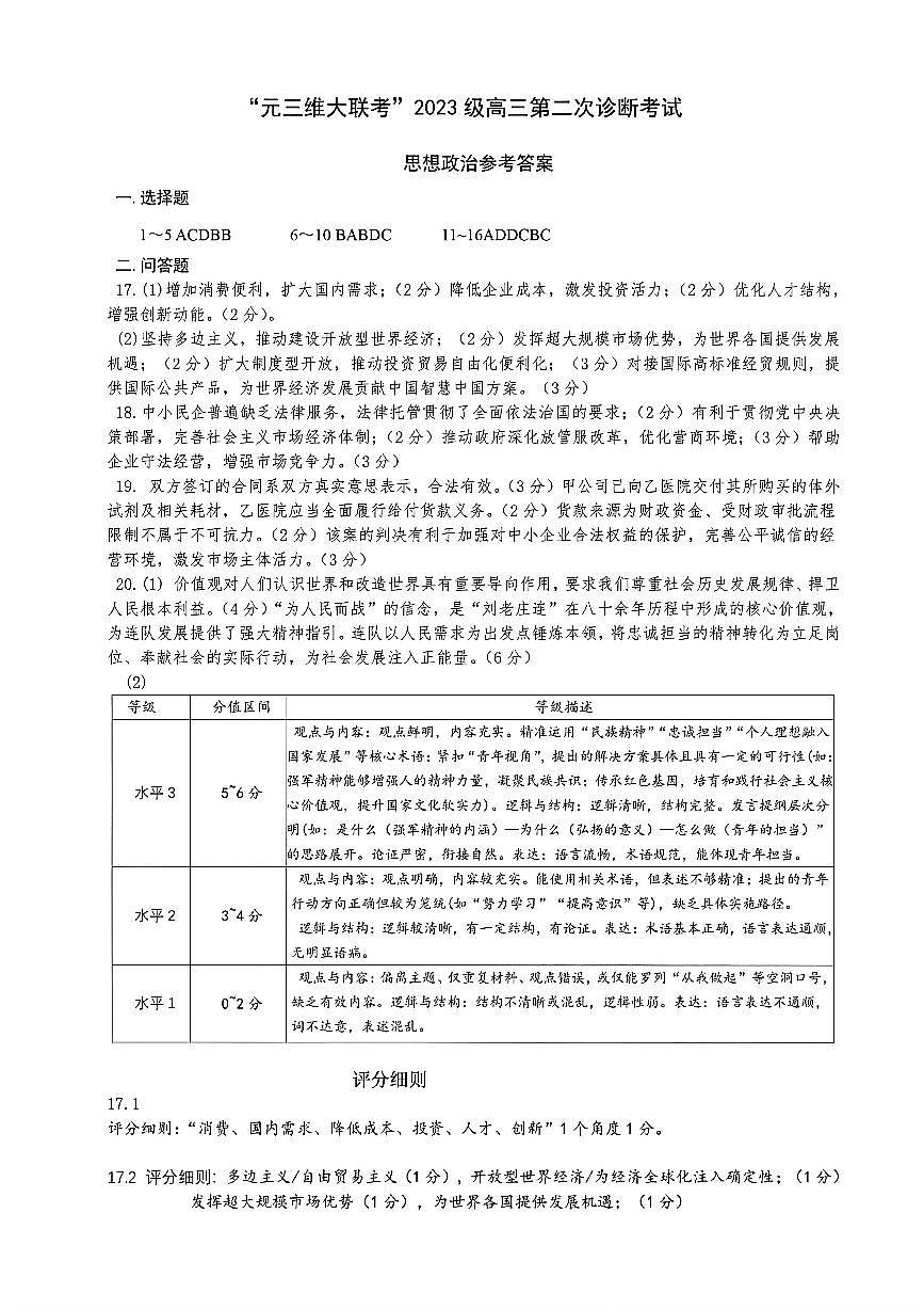政治答案-四川省“元三维大联考”2023级高三第二次诊断考试第1页