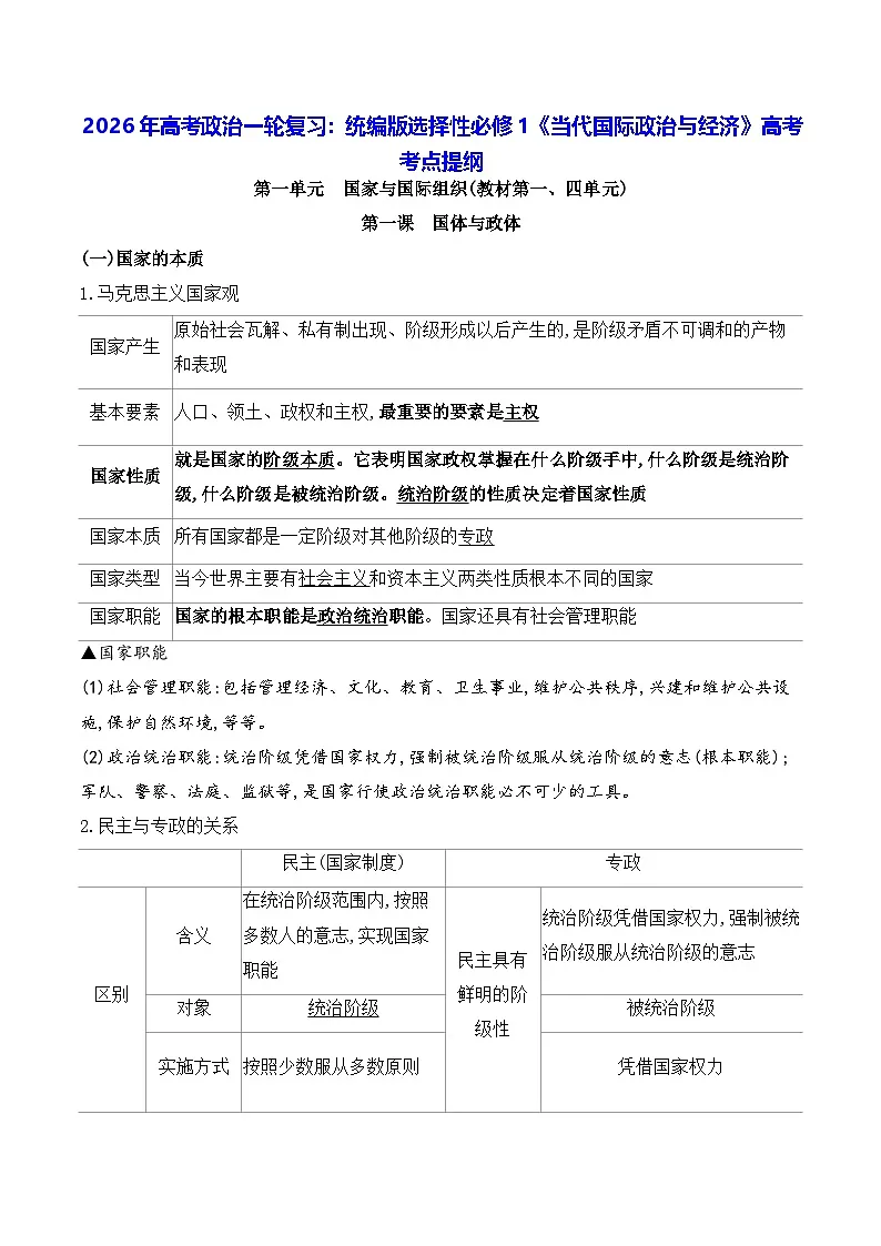 2026年高考政治一轮复习：统编版选择性必修1《当代国际政治与经济》高考考点提纲 讲义第1页