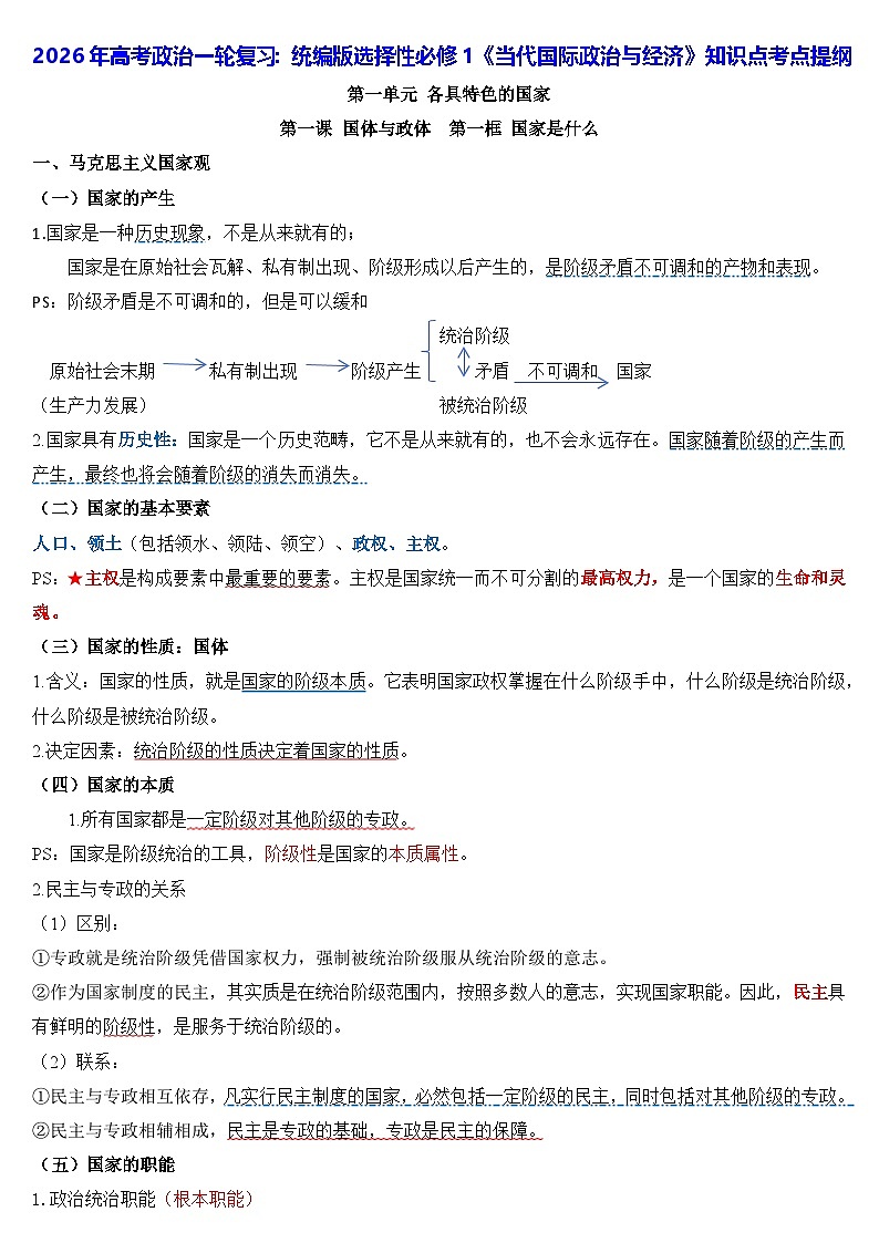 2026年高考政治一轮复习：统编版选择性必修1《当代国际政治与经济》知识点考点提纲 讲义第1页