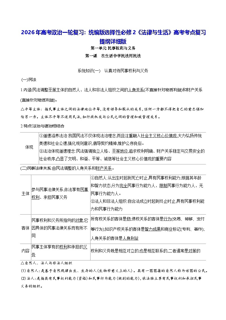 2026年高考政治一轮复习：统编版统编版选择性必修2《法律与生活》高考考点复习提纲详细版 讲义第1页