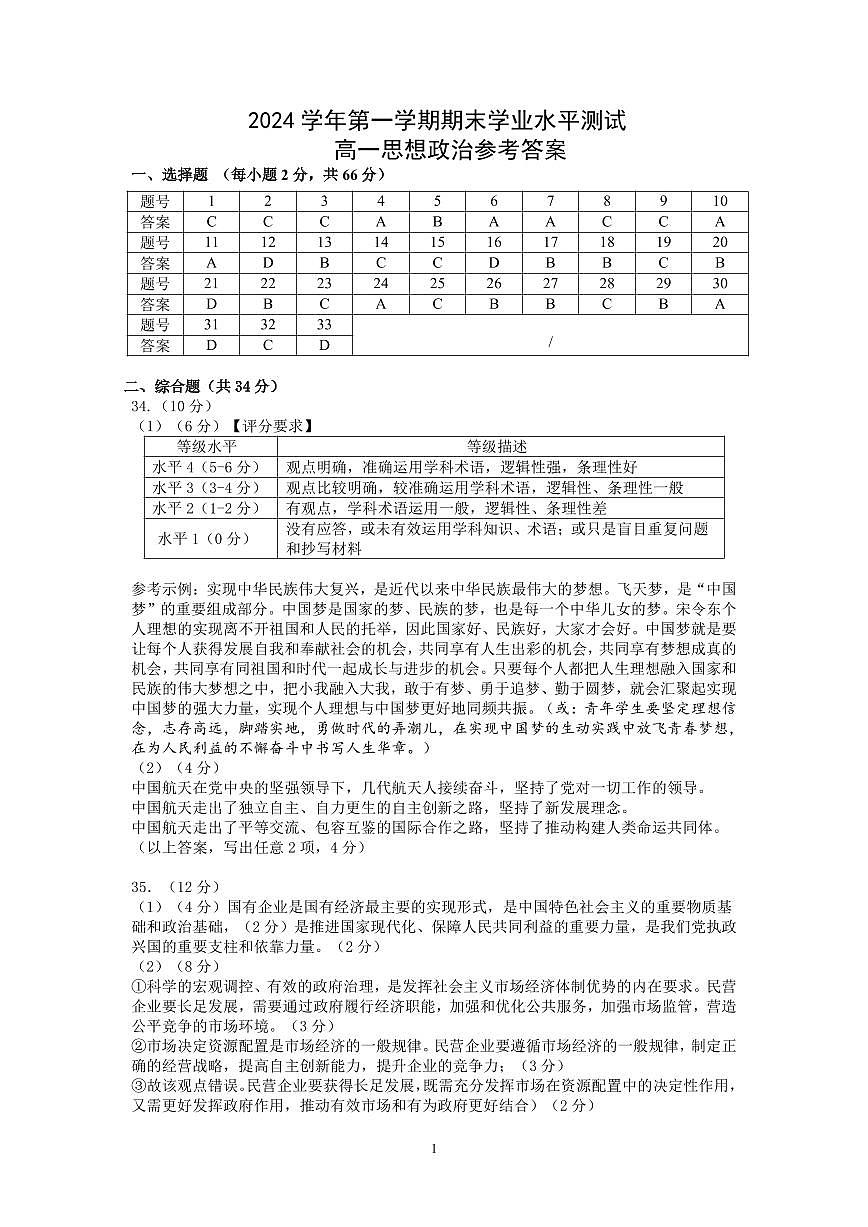 1-16-17：00高一政治答案第1页