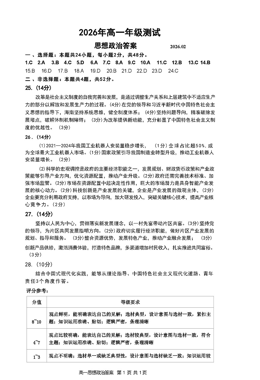 政治试题参考答案第1页