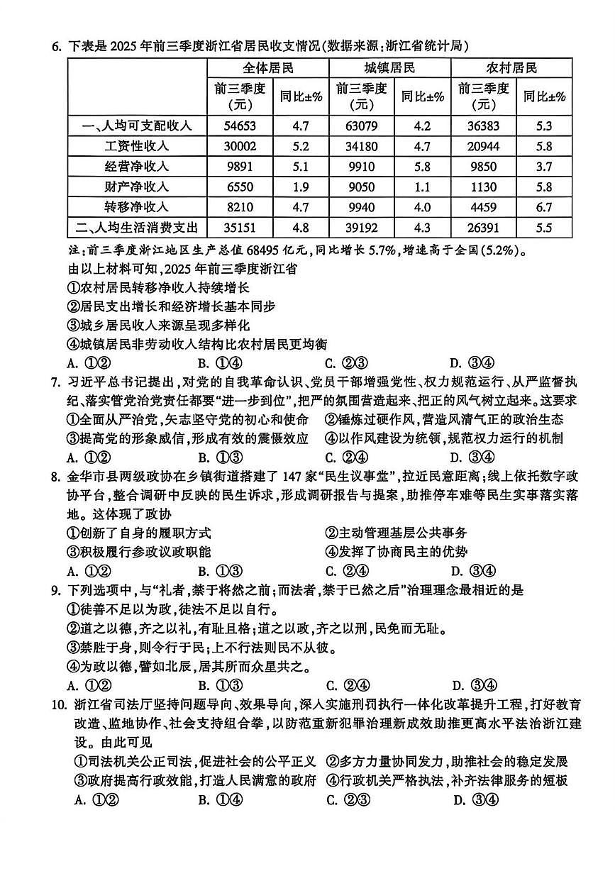 政治-浙江省金华十校2025-2026学年高二上学期2月期末试卷及答案第2页