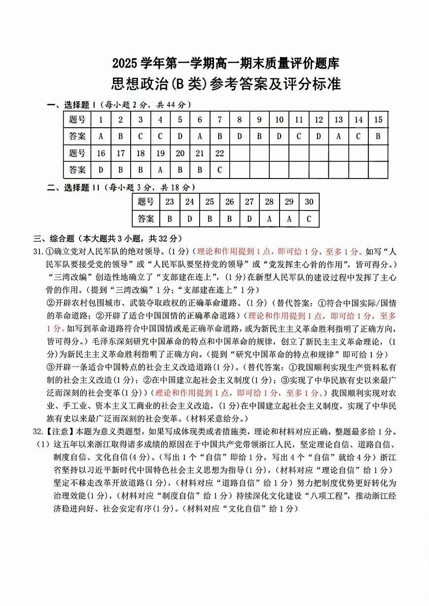 【B类】高一政治-期末质量评价题库参考答案和评分细则第1页