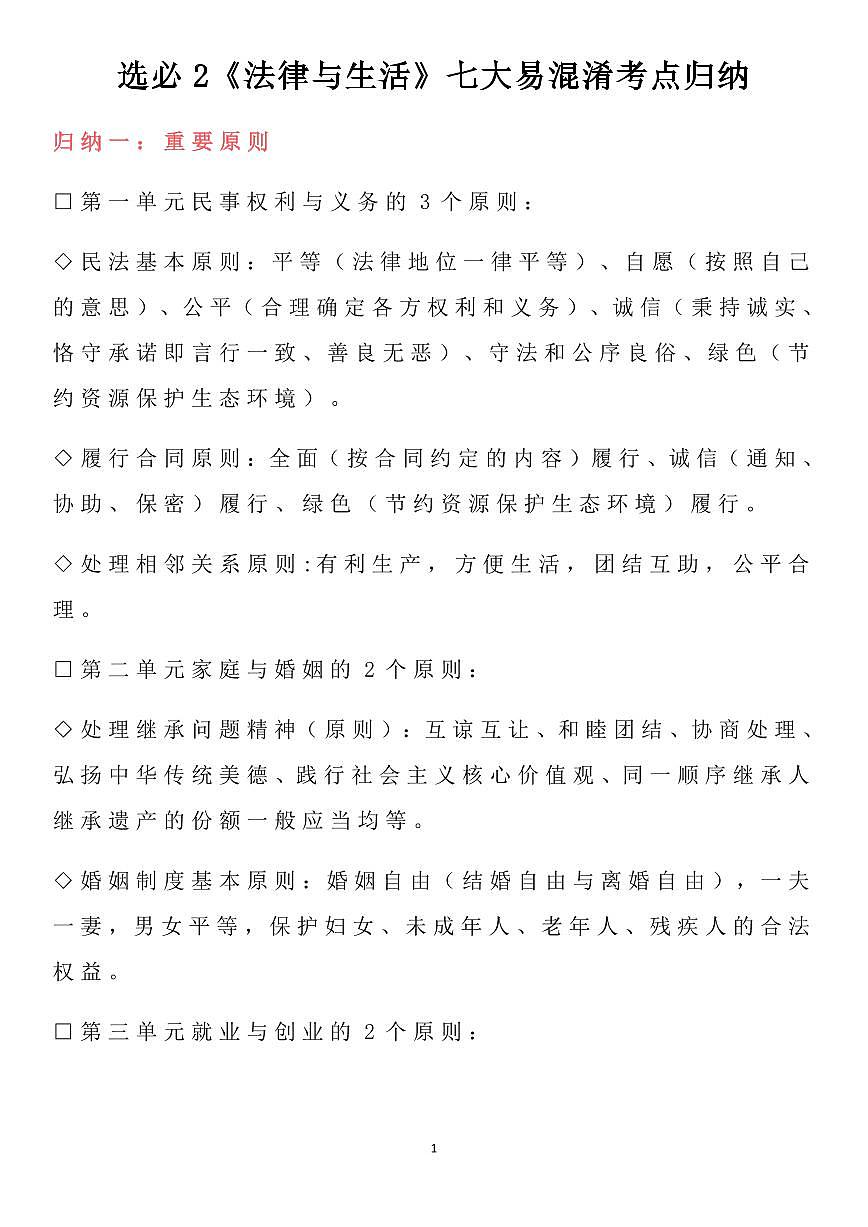 高中政治高考复习选必2《法律与生活》七大易混淆考点归纳知识清单（通用版共10页）第1页