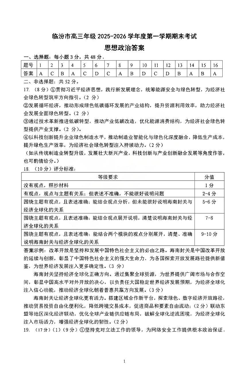 政治试题卷答案第1页