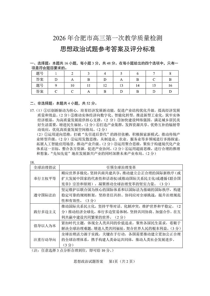 安徽省2026年合肥市高三第一次教学质量检测政治答案第1页
