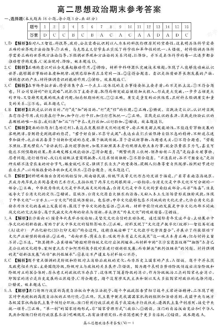 政治答案（高二期末N）第1页