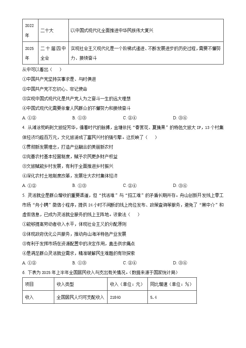 舟山市2025-2026学年第一学期期末考试高二政治试卷  Word版无答案第2页
