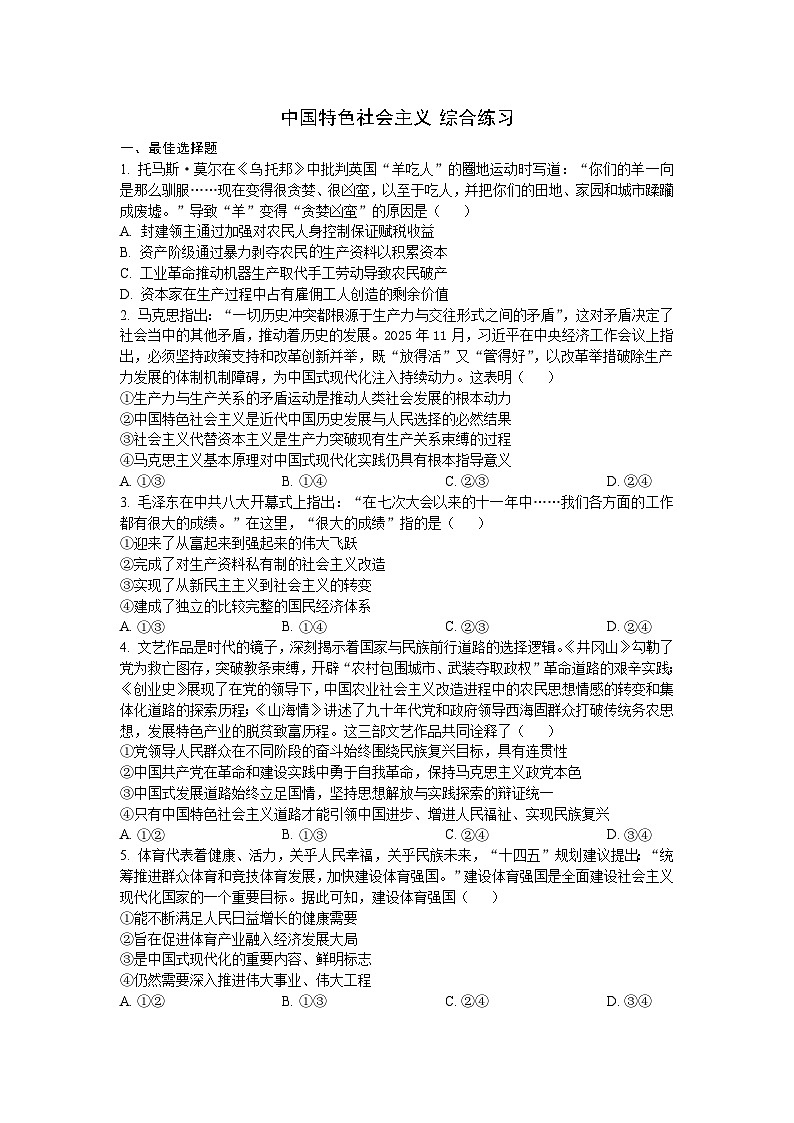 中国特色社会主义 综合练习-2026届高考政治二轮复习统编版必修一第1页