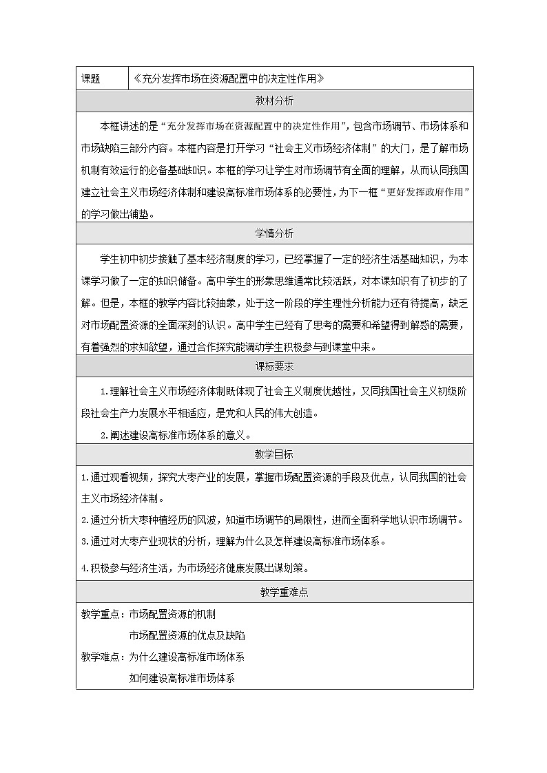 统编版高中政治必修二 2.1 充分发挥市场在资源配置中的决定性作用 教学设计第1页