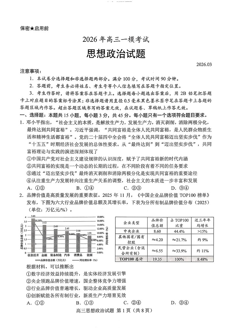 山东菏泽市2026届高三下学期高考一模考试政治试卷第1页