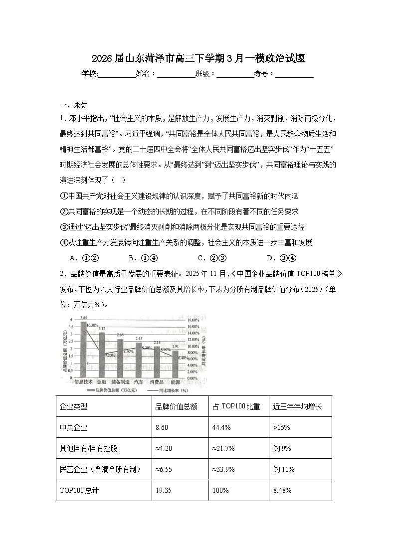 2026年山东菏泽市高三下学期3月一模政治试题第1页