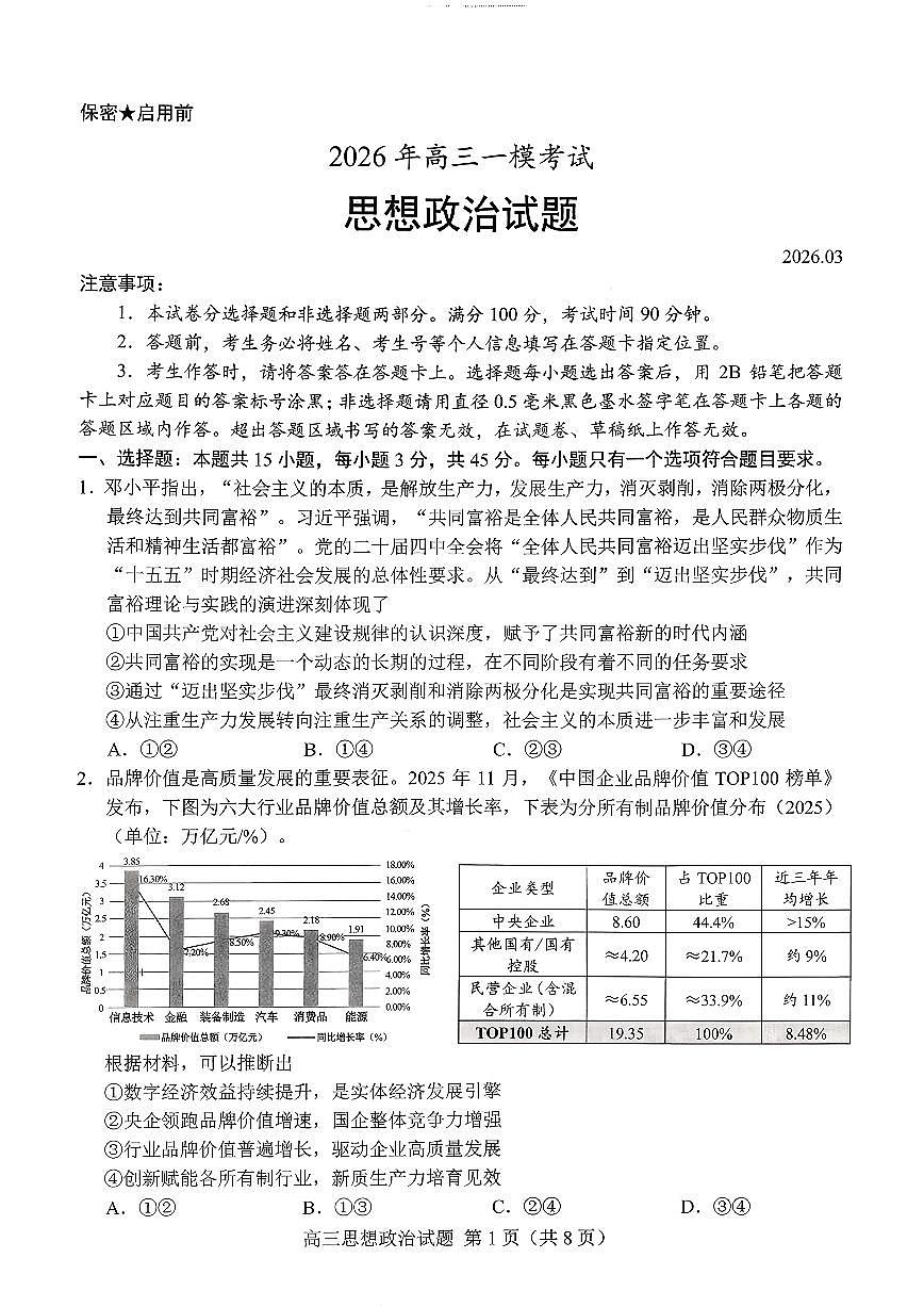 26菏泽一模- 政治试题第1页