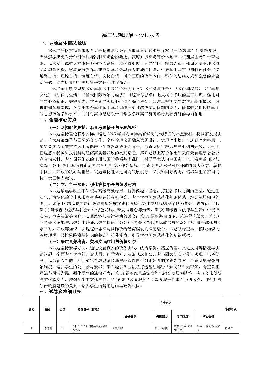 思想政治-高三素质评价  命题报告第1页