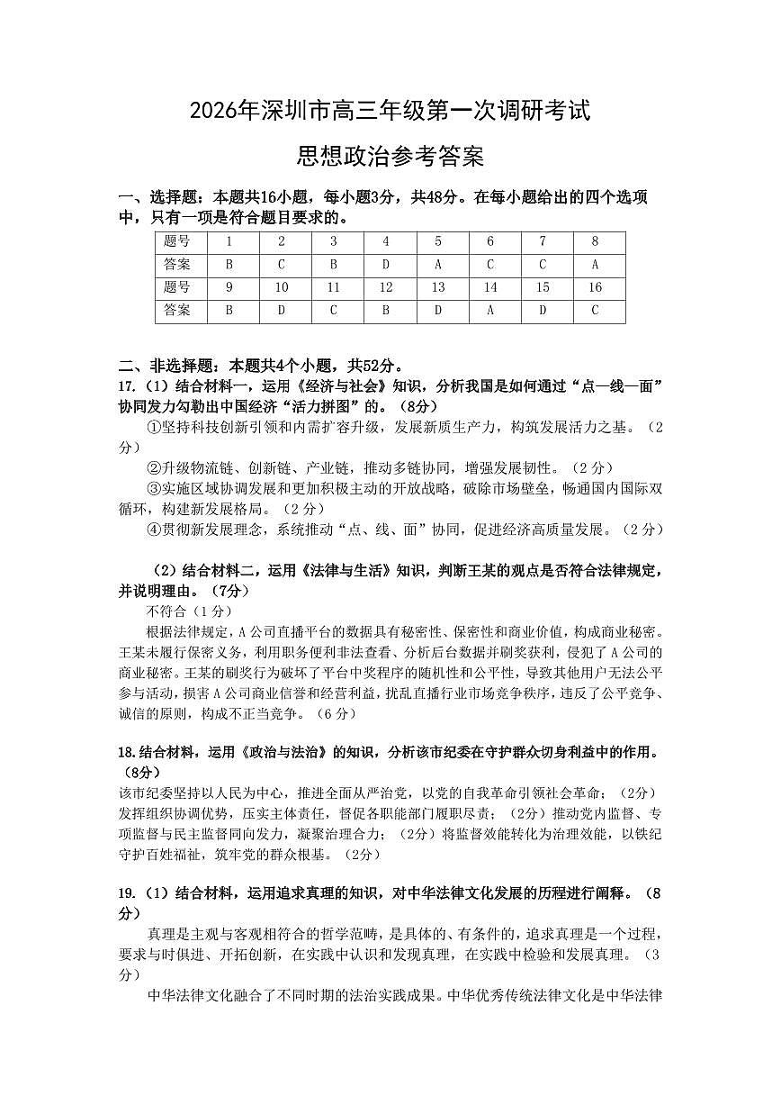 2026年深圳市高三年级第一次调研考试 政治答案第1页