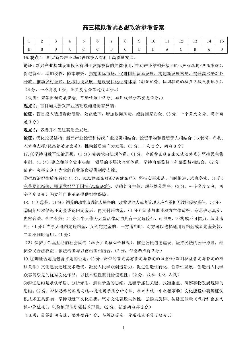 2025—2026学年度高三模拟考试思想政治参考答案(1)第1页