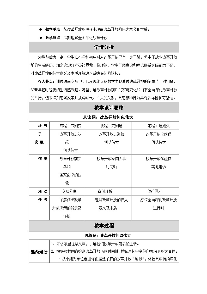 高中思想政治统编版必修1 中国特色社会主义1.3伟大的改革开放》表格式教案第2页