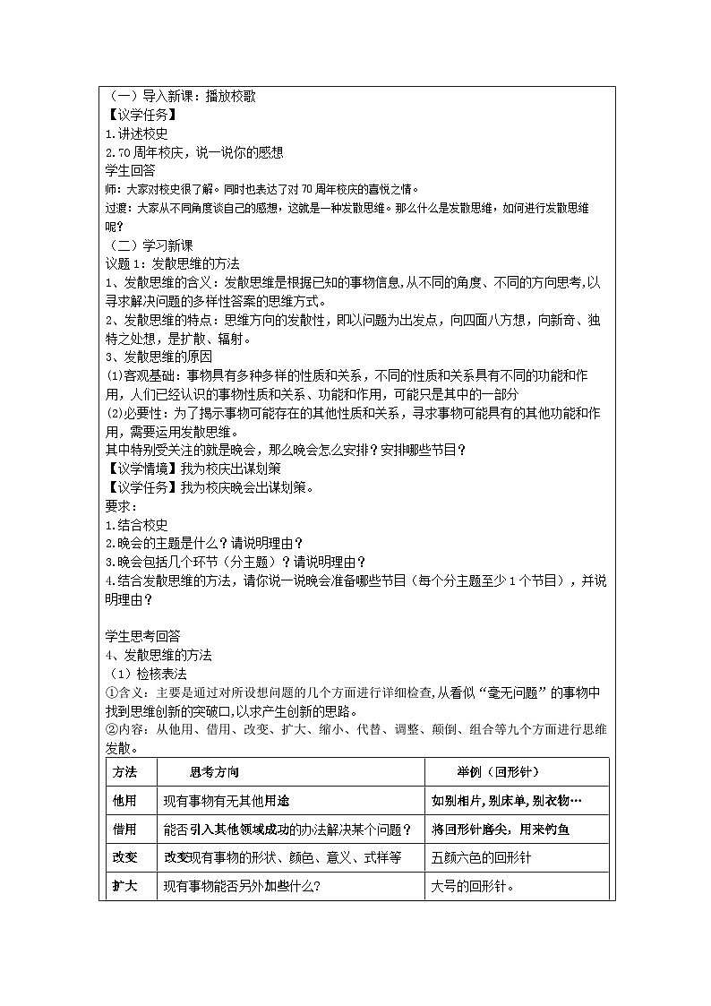 高中思想政治统编版选择性必修3 4.12发散思维与聚合思维的方法表格式教案第2页