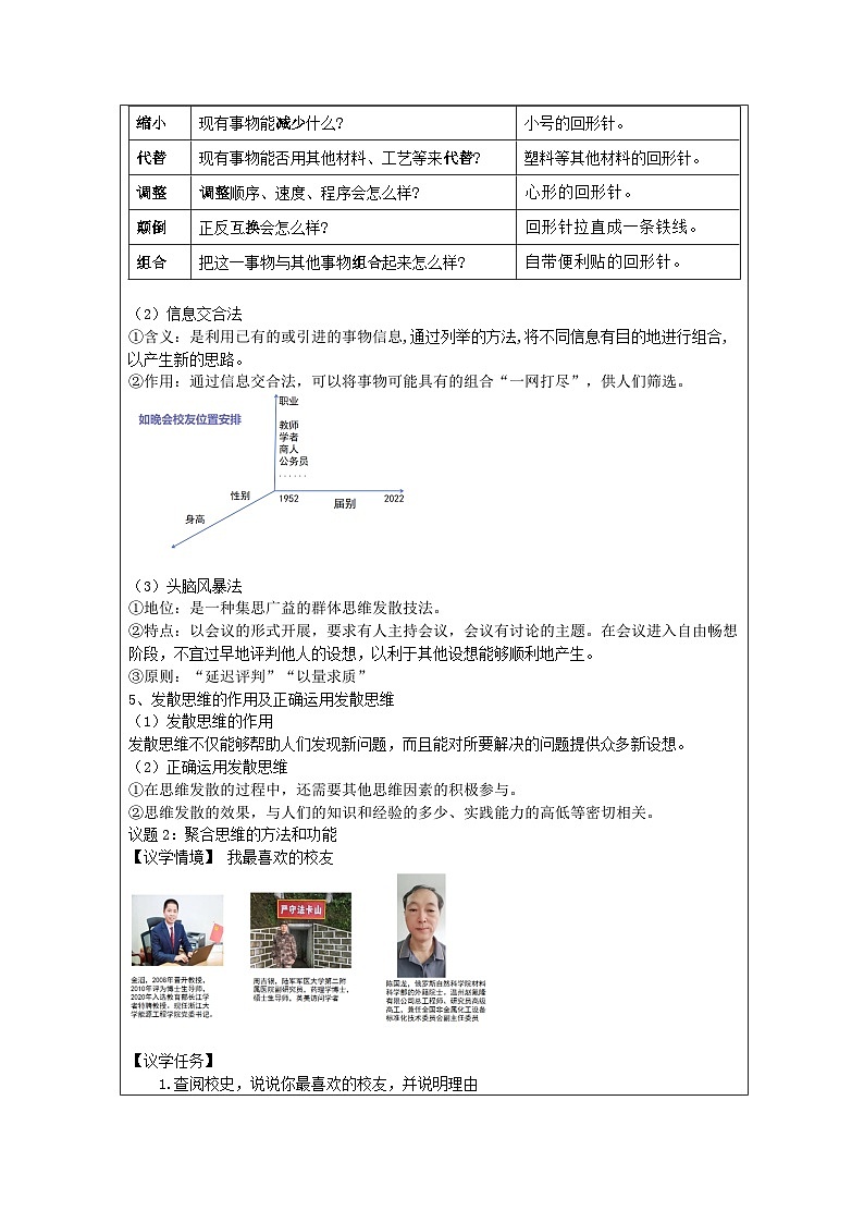 高中思想政治统编版选择性必修3 4.12发散思维与聚合思维的方法表格式教案第3页