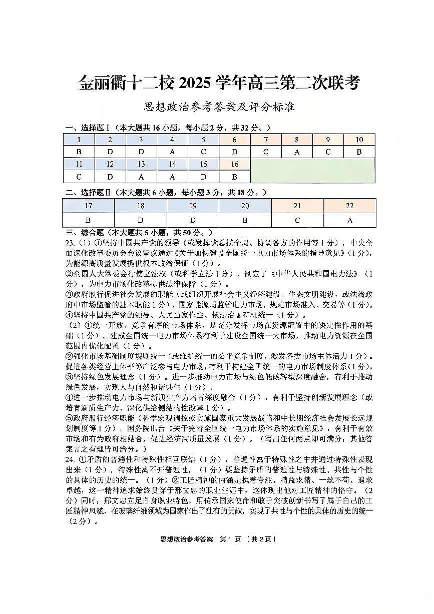 金丽衢十二校2025学年高三第二次联考 政治答案第1页