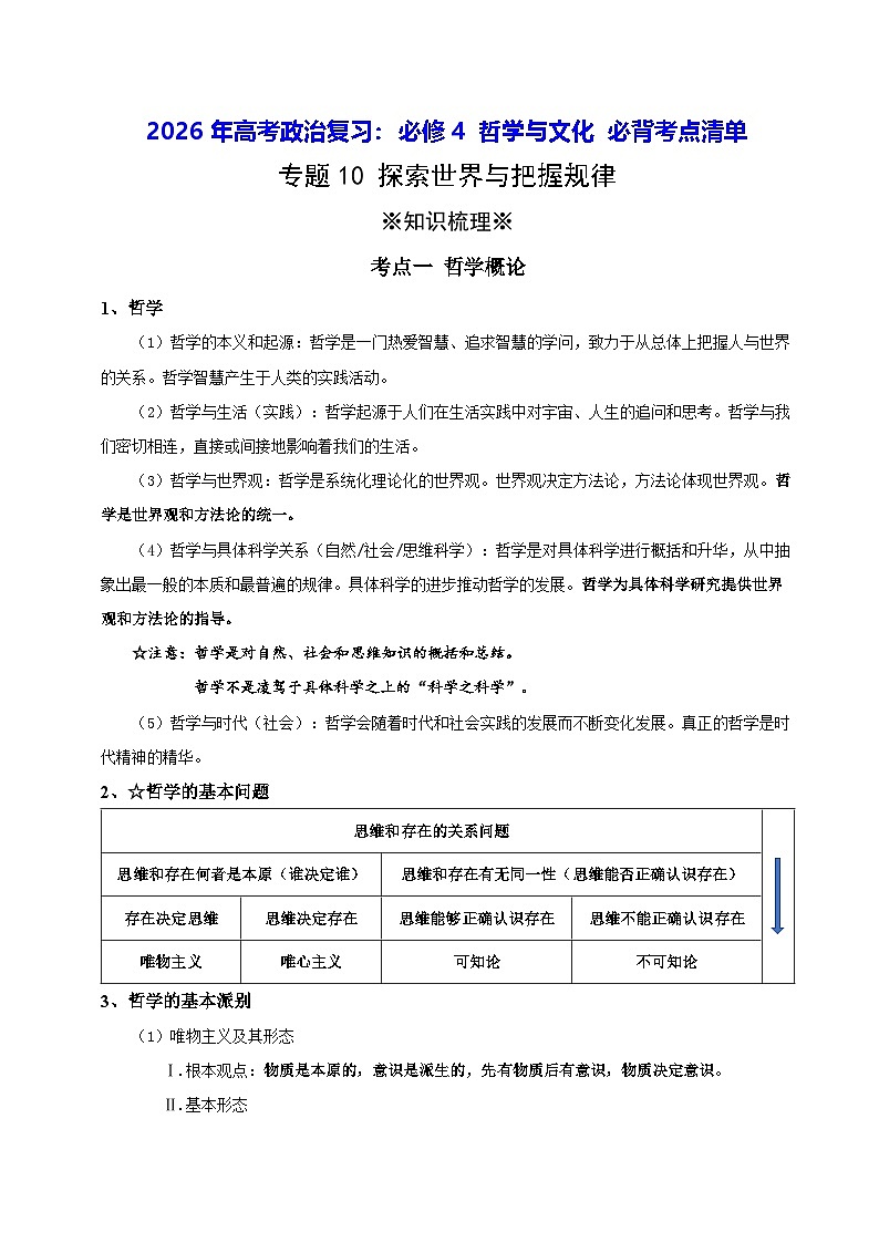 2026年高考政治复习：必修4 哲学与文化 必背考点清单 讲义第1页