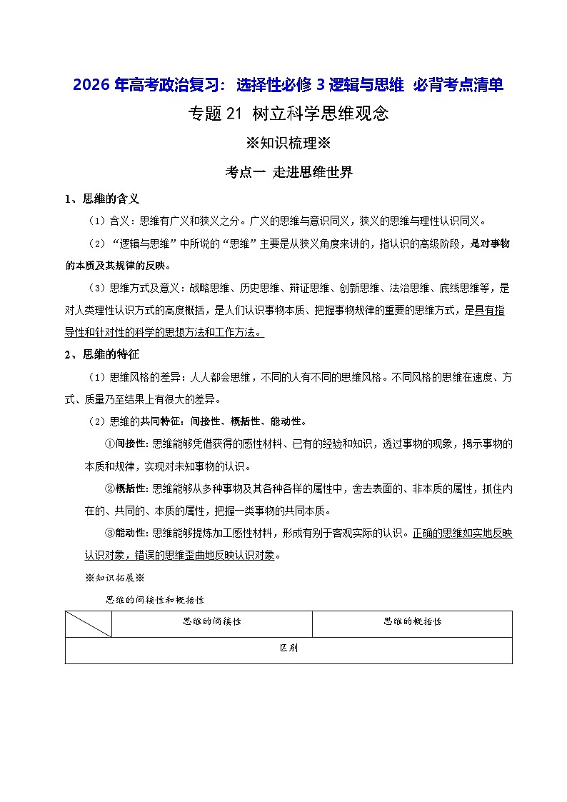 2026年高考政治复习：选择性必修3逻辑与思维 必背考点清单 讲义第1页