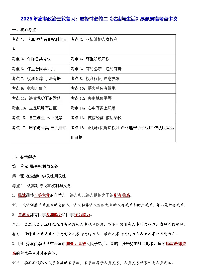 2026年高考政治三轮复习：选择性必修二《法律与生活》易混易错考点讲义第1页