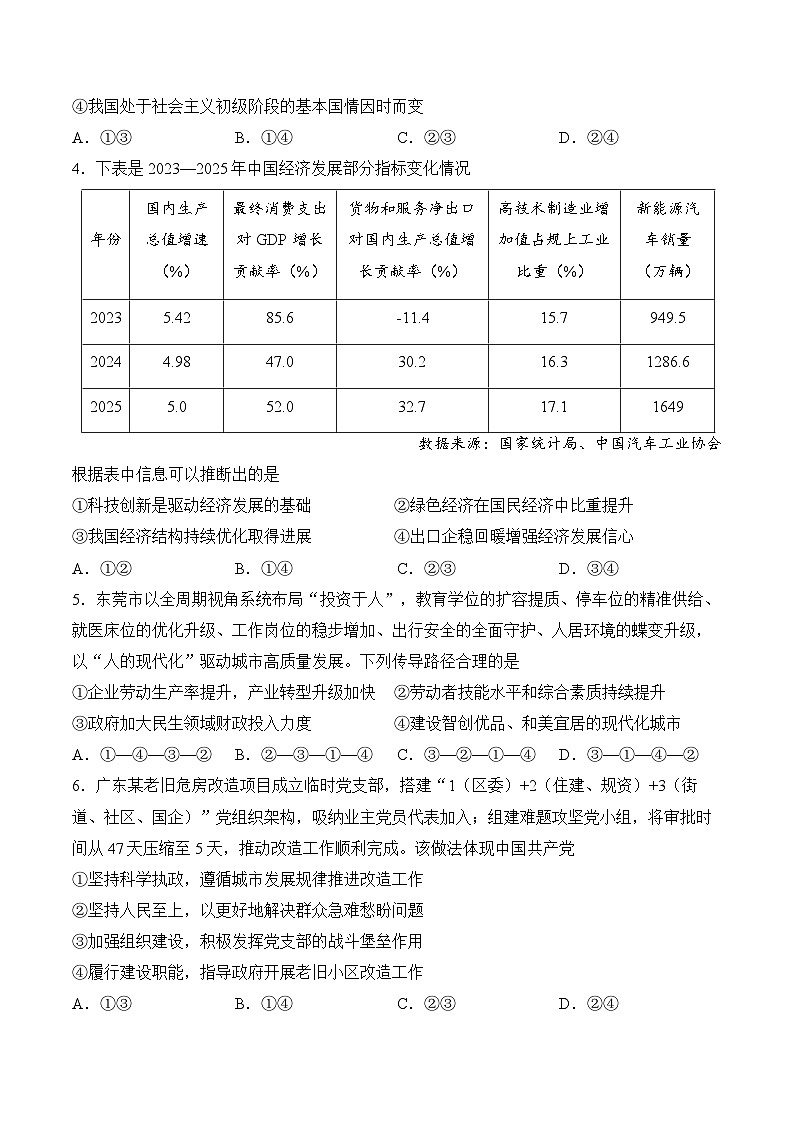 广东省东莞市2026届下学期高三一模 政治试题+答案第2页