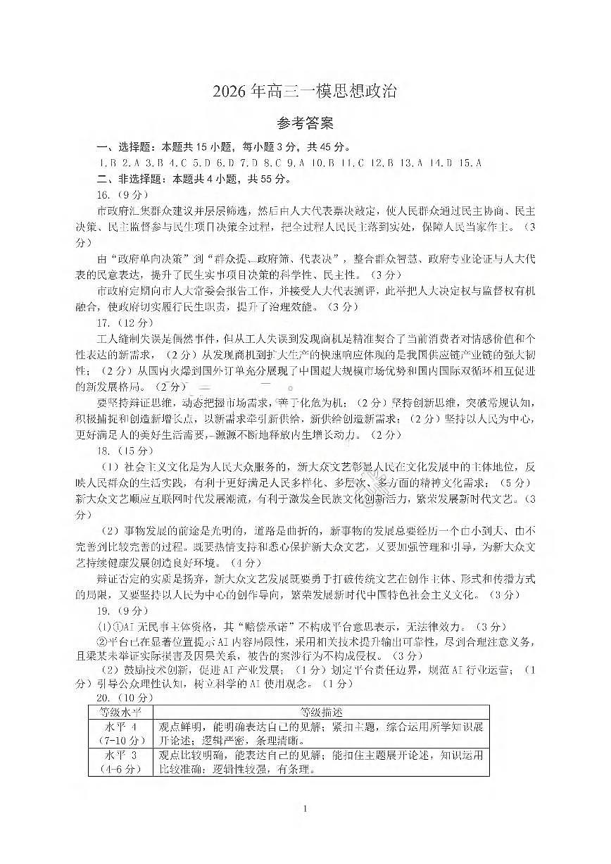26临沂一模- 政治答案第1页