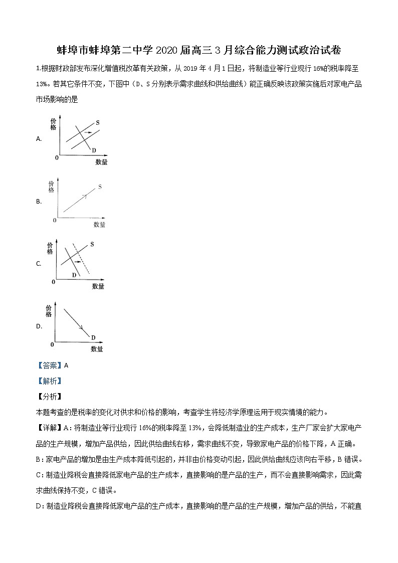 2020届安徽省蚌埠市二中高三3月文综政治试题（线上）带解析01