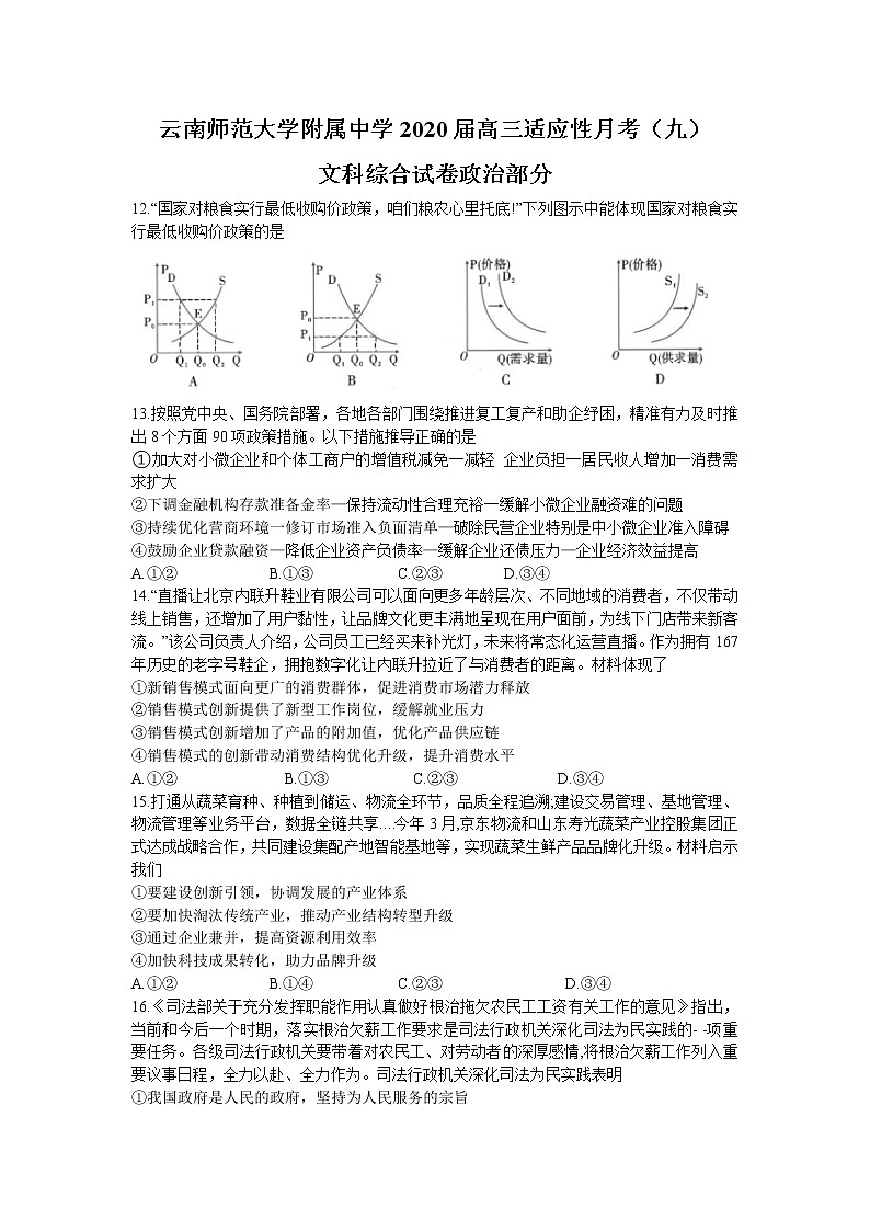 云南师范大学附属中学2020届高三适应性月考（九）文科综合政治试题01