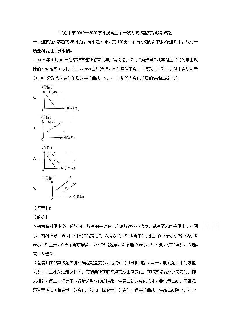 山西省晋中市平遥中学2020届高三上学期（9月）月考政治试题第1页