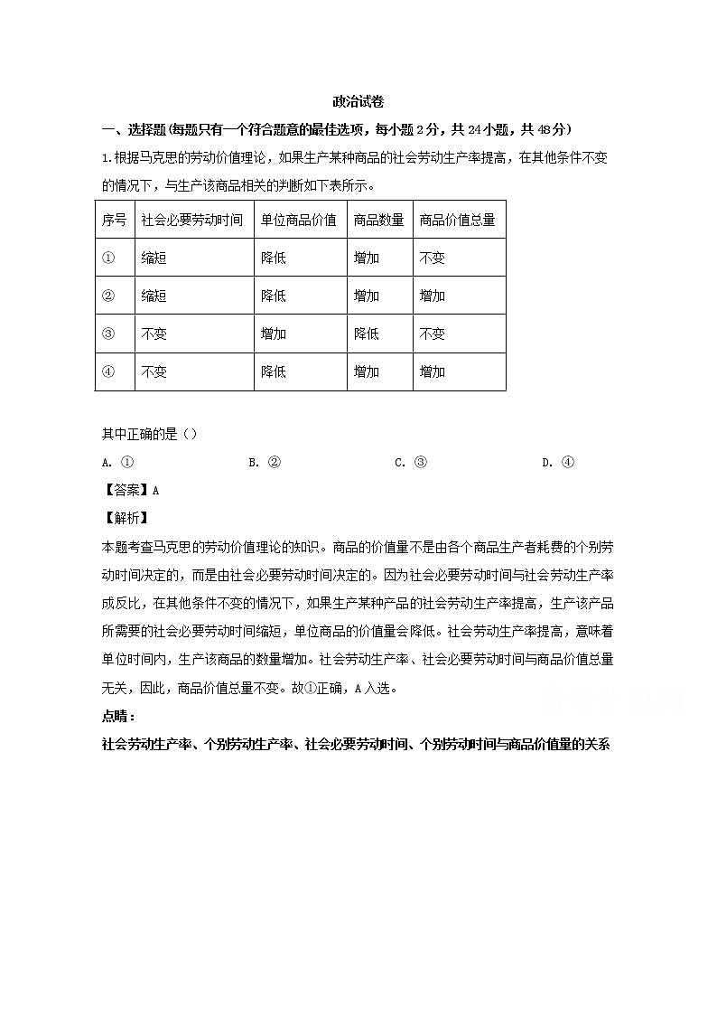 湖北省宜昌市西陵区宜昌二中2020届高三10月月考政治试题01
