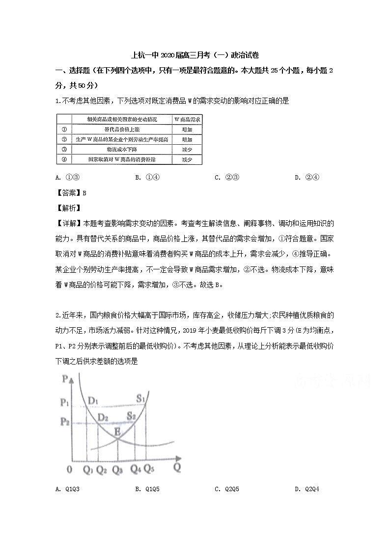 福建省上杭县一中2020届高三上学期第一次月考政治试题第1页