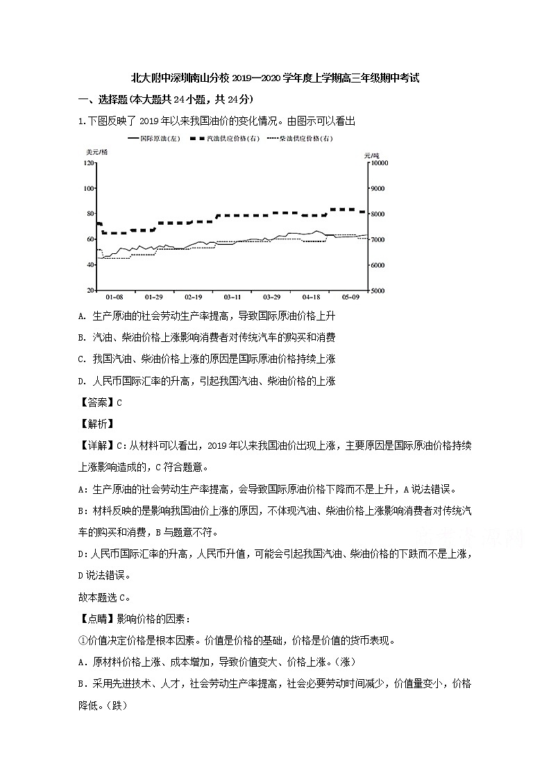 广东省北大附中深圳南山分校2020届高三上学期期中考试政治试题第1页