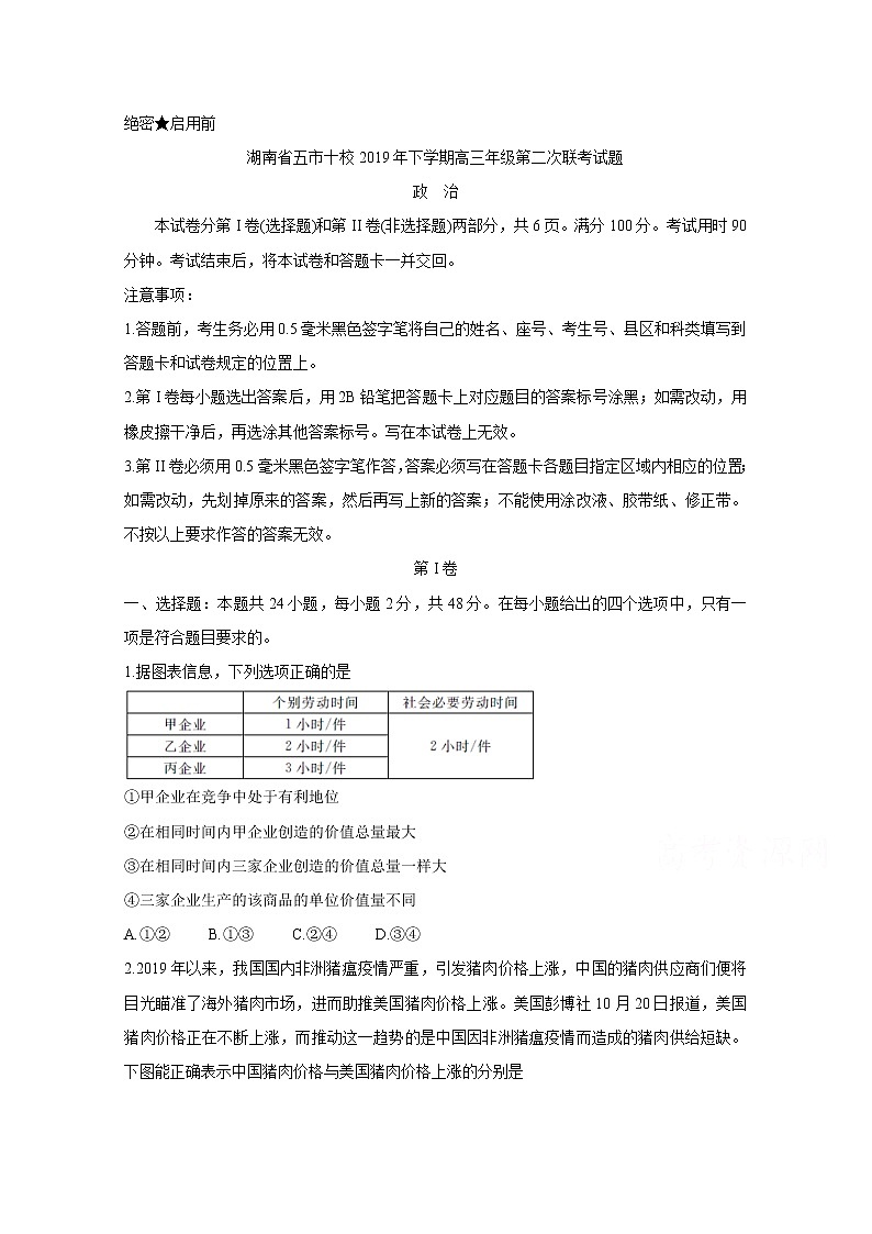 湖南省五市十校2020届高三上学期联考试题 政治01
