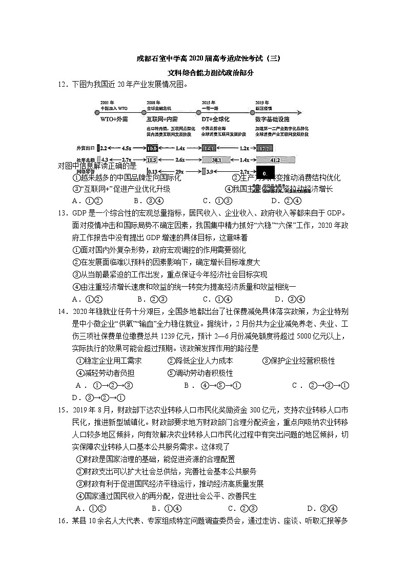 四川省成都石室中学2020届高三第三次高考适应性考试文综政治试题01