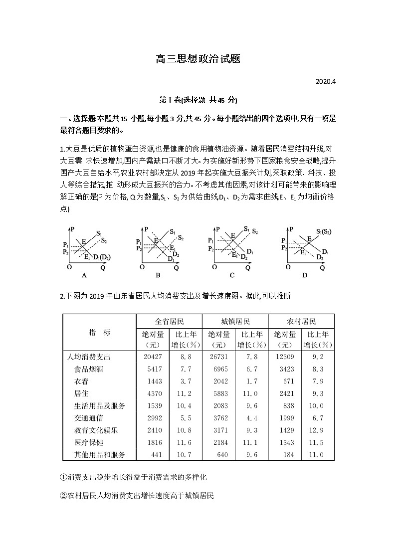 山东省德州市2020届高三第一次（4月）模拟考试政治试题01