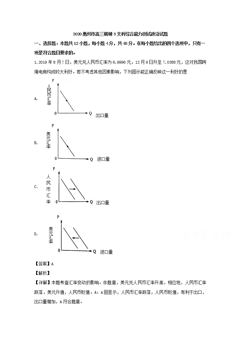 广东省惠州市2020届高三第三次调研文综政治试题01