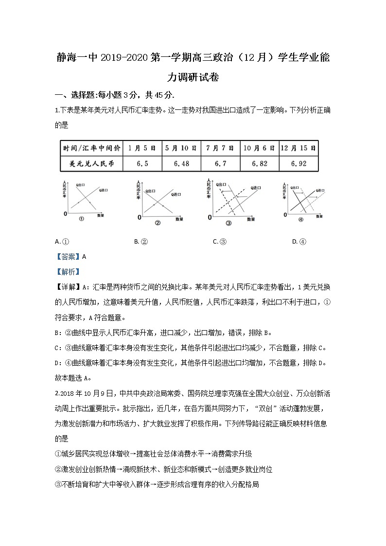 天津市静海区一中2020届高三（12月）调研政治试题01
