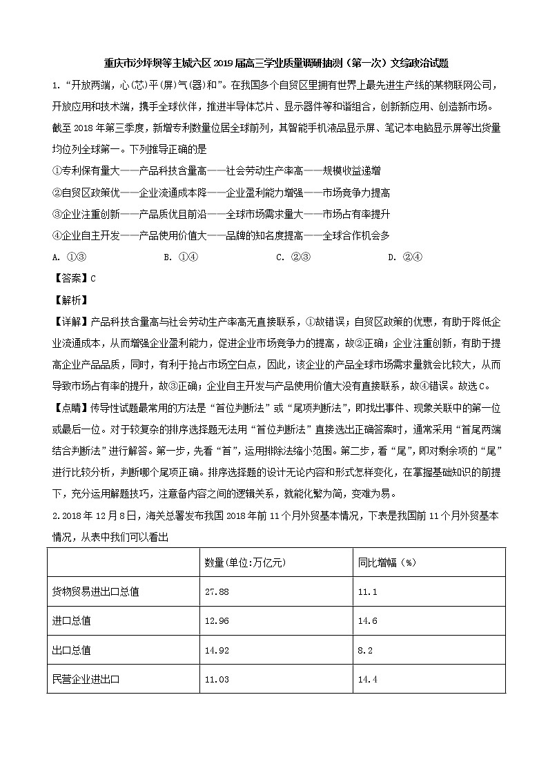 2019届重庆市沙坪坝等主城六区高三学业质量调研抽测（第一次）文综政治试题（解析版）01