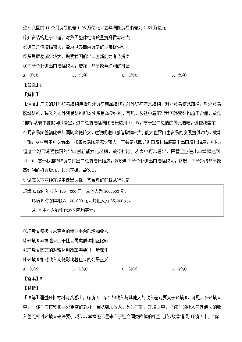 2019届重庆市沙坪坝等主城六区高三学业质量调研抽测（第一次）文综政治试题（解析版）02